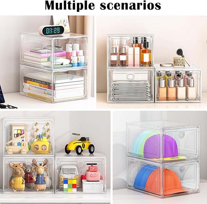 6 Pack Upgrade Harder Shoe Organizer, Shoe Storage with Magnetic Front Door, Clear Shoe Boxes Foldable Space-Saving Shoe Rack for Sneaker Boot Container, White
