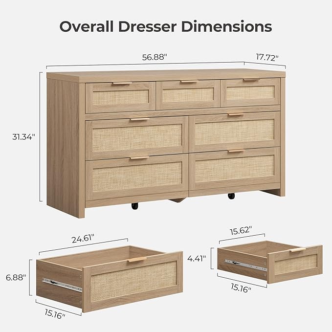 SICOTAS 7 Drawer Dressers for Bedroom Set 2, Long Rattan Dresser, Dresser TV Stand, Closet Organizer Chest of Drawers, Clothes Storage Dressers (Reclaimed Light Oak, 7 Drawers (2 pcs))