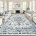 Area Rugs 10'x14' Washable Non-Slip, Floral Vintage Distress Print Pattern Medallion Carpet for Living Room Bedroom Dining Room, Light Blue Navy Beige Gray White
