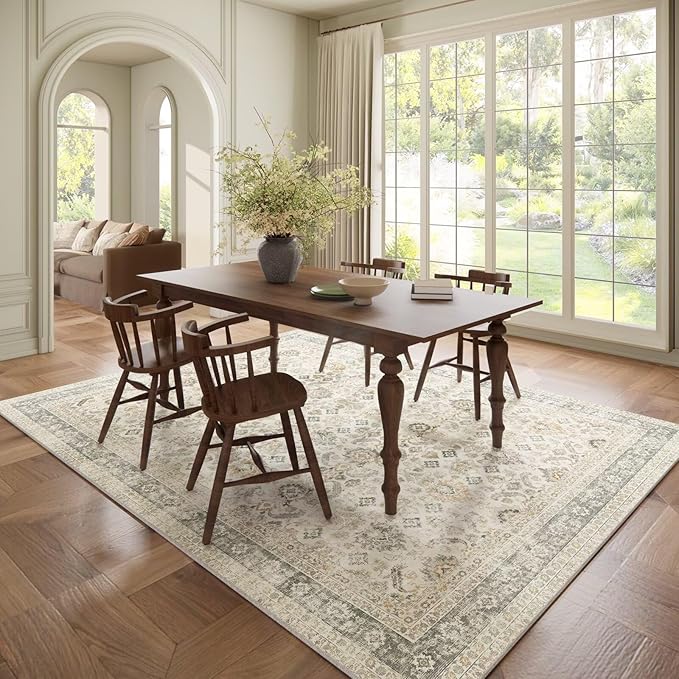 Washable 6x9 Area Rugs for Living Room, Boho Non-Slip Vintage Distress Large Rugs for Bedroom Dining Room Nursery Office, 0.3" Neutral Oriental Throw Thin Carpet, Grey/Beige/Orange/Multi