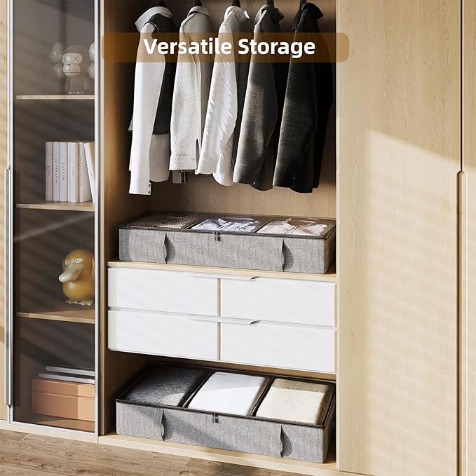 Vailando Storage Containers, 6 Inches Tall 60L Underbed Storage Bins with Dividers & Sturdy Handles & Reinforced Sidewalls, Closet Organizer for Clothes, Blankets, Seasonal Items, Dark Gray, 2-Pack