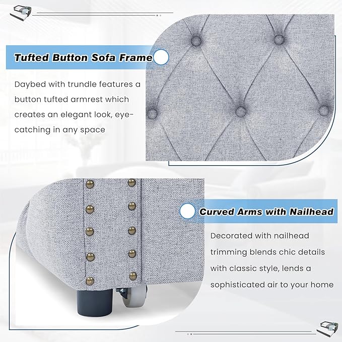 Antetek Daybed with Trundle, Upgraded Linen Upholstered Twin Size Day Bed Button-Tufted Sofa Daybed Frame with A Trundle,No Box Spring Needed,Furniture for Bedroom Living Room (Light Grey, Twin)