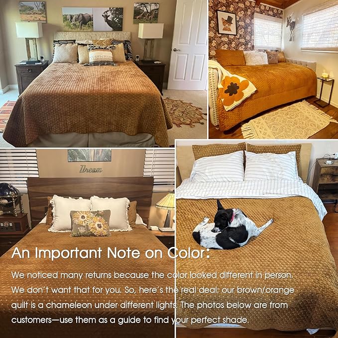 Powdion Velvet Quilt King Size,Bedspread Quilted Bedding Set,Luxurious Soft Coverlet Set Lightweight Velvet Comforter with Pillow Shams Brown, 96x106 Cross Stitch Striped Quilt Set