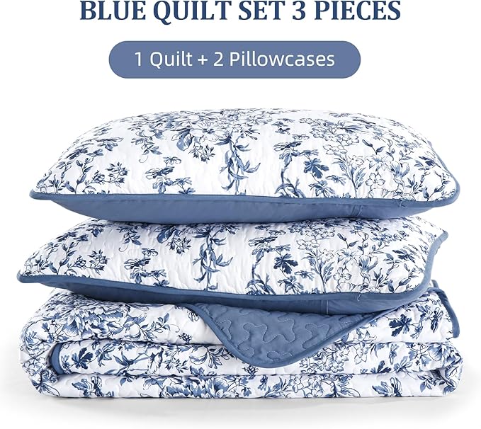 WONGS BEDDING Quilt King Size, Blue Quilt Bedding Set with 2 Pillowcases, Botanical Quilt for King Bed, Soft Microfiber Lightweight Coverlet Bedspread for All Season (110"×90", 3 Pieces)