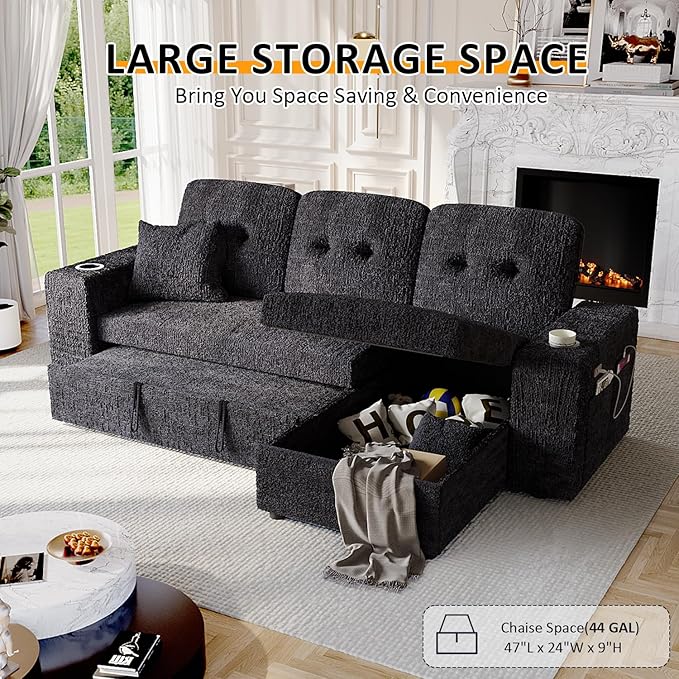 90 Inch Sleeper Sofa Bed, 4 in 1 Pull Out Couch Bed with Adjustable Backrest | Reversible Storage Chaise | Wide Armrest | Tool Free Assembly, Sectional Couches for Living Room, Navy Blue