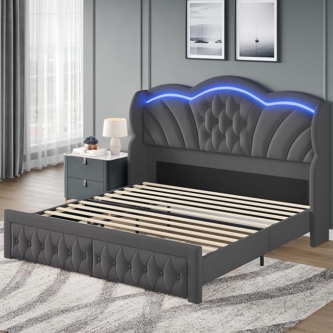 Keyluv King Bed Frame with LED Lights and 2 Storage Drawers, Velvet Upholstered Platform with 47" Tall Arc-Shaped Wingback Headboard and Button Tufted Design, No Box Spring Needed, Noise-Free, Gray