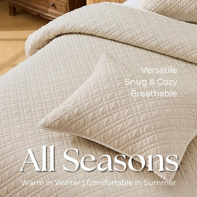 DOWN HOME Twin Quilt Set with Sham Lightweight Quilted Bedspread Coverlet Thin Comforter Bed Cover Vintage Washed Quilted Blanket for All Season, Brushed Microfiber Diamond Stitching, Beige, 66"x92"