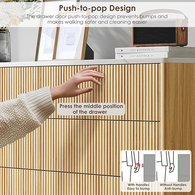 Fluted 6 Drawers Dresser for Bedroom,52" Wide Handleless Chest of Drawers with Faux Marble Top, Wooden Dresser TV Stand, Wood Drawer Organizer for Living Room, Hallway, Natural Oak