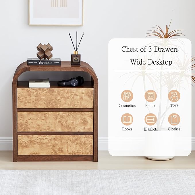 3 Drawer Dresser for Bedroom, Modern Chest of Drawers with Open Shelf, Burl Wood Tall Nightstand End Table for Living Room, Hallway (Walnut)