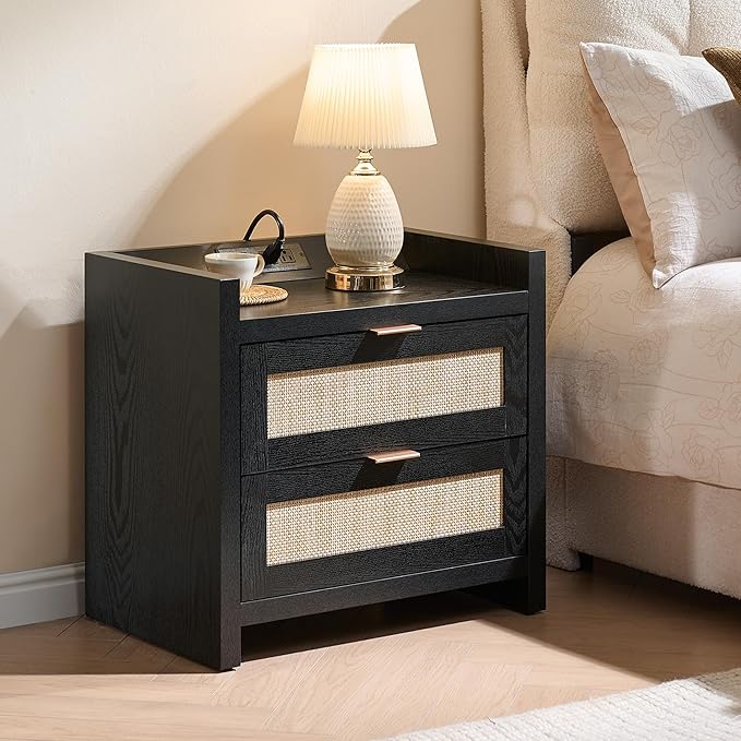 SICOTAS Black Nightstands Set of 2 Bed Side Table - Boho Night Stand End Table with Type-C Charging Station, 2 Rattan Decor Drawers Storage Cabinet Night Stands for Bedroom, Black Oak