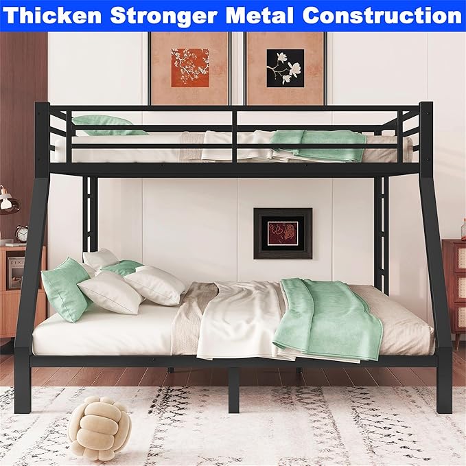 Upgraded Version Thicken Metal Heavy Duty Queen Over King Bunk Bed, Best Modern Style Stronger BunkBed Frame King Size with Ladders for Adults, Easy Assembly (Queen Over King)