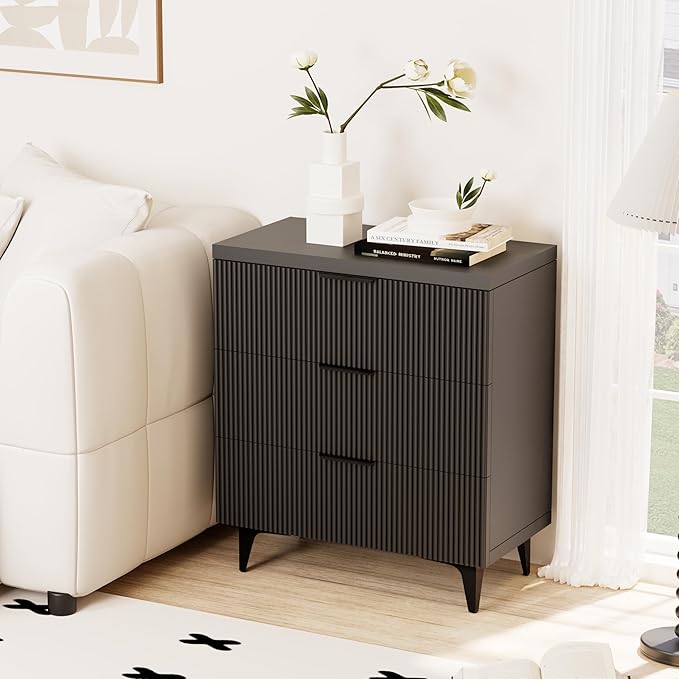 Royal Windsor Fluted Nightstand with 3 Drawers, Side End Table, Accent Storage Cabinet,Modern Night Stand Bedside Table for Bedroom,Black