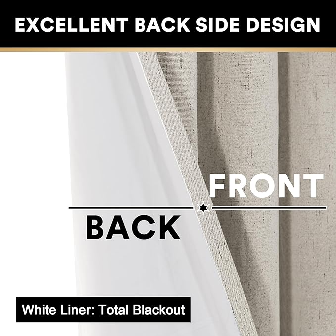 PrinceDeco 100% Blackout Curtains for Bedroom Linen Textured Curtain Panels 84 inches Long Energy Smart & Noise Reducing Blackout Drapes for Living Room Burlap Fabric with White Liner(2 Panels, Stone)