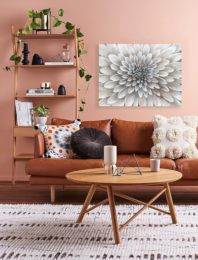 Floral Wall Art in Neutral White Color Modern Abstract Canvas Painting Large Home Decor Framed Boho Artwork Dahlia Flower Picture for Living Room Bathroom Bedroom Home Office