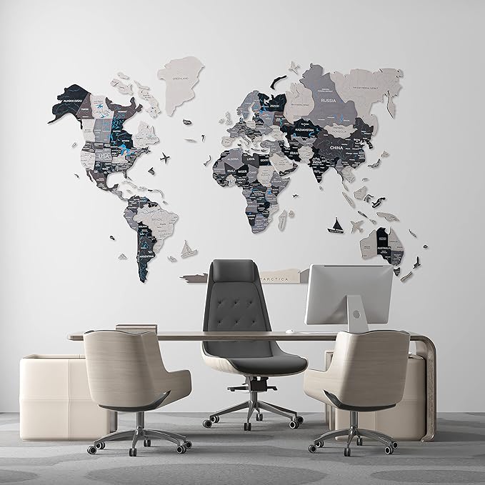 Handmade 3D Wood World Map Wall Art Large Wall Decor Track Your World Travels - Special for Home, Kitchen and Office (Nordik, Medium)