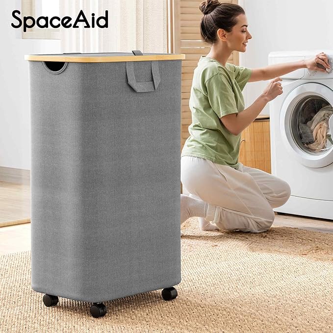 SpaceAid Laundry Hamper with Wheels and Lid, 26 Gal (100L) Rolling Clothes Basket with Bamboo Handle, Large Laundry Hamper for Bedroom, Bathroom, Dorm, Laundry Room - Grey