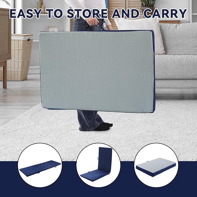 MABOZOO Fall Mats for Elderly, 70"*24"*2" Waterproof Bi-Fold Floor Mat Beveled Bedside Floor Mat Reduce Risk for Elderly & Hospital Patients (Blue