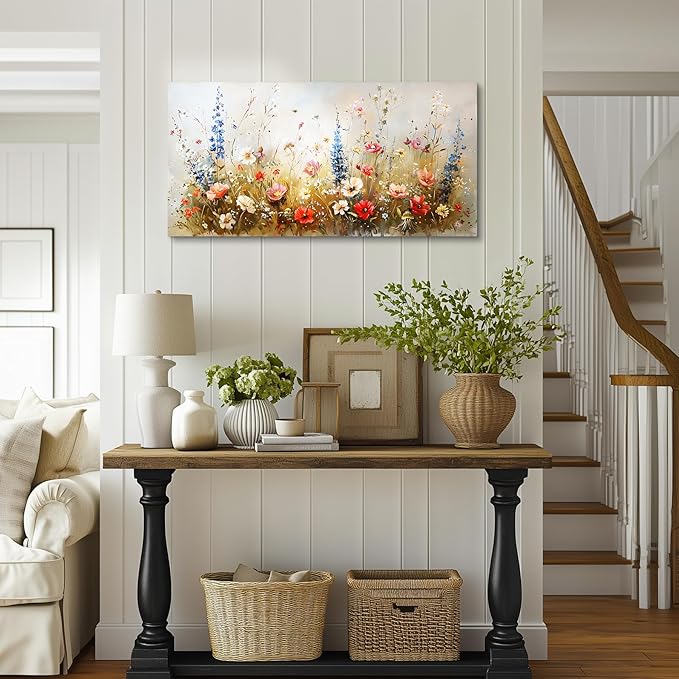 SERIMINO Spring Wildflower Wall Art, Nature Botanical Floral Large Artwork for Walls, Flower Market Canvas Art Prints, Modern Country Aesthetic Paintings Wall Decor Living Room Bedroom 24X48 Inch