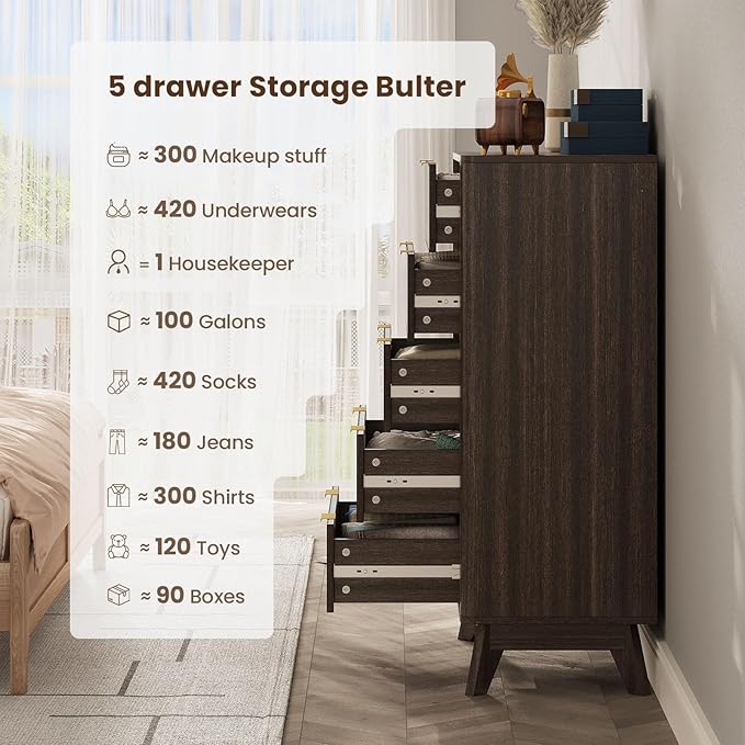43'' Hight 5 Drawers Dresser for Bedroom,Modern Fluted Vertical Chest with Rounded Corners,Fluted Dresser for Living Room,Hallway, Walnut