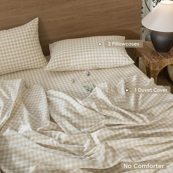 MooMee Gingham Duvet Cover Set 100% Washed Cotton Linen Like Textured Breathable Durable Soft Comfy Modern Checkered Design (Almond Milk Grey Gingham, Super Queen 90"x98")