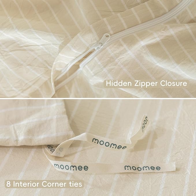 MooMee Striped Duvet Cover Set 100% Washed Cotton Linen Like Textured Breathable Durable Soft Comfy (Almond Milk Grey White Wide Stripes, Oversized Queen 98"x98")