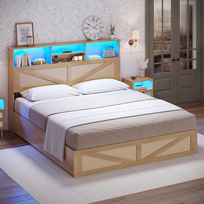 AOGLLATI Queen Bed Frame with 4 Storage Drawers and Natural Rattan 2-Tier Bookcase Hidden Headboard, Boho Led Bed Frame Queen Size with Charging Station, No Box Spring Needed, Wood