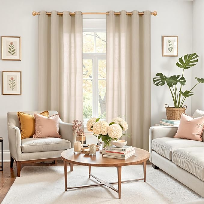 YoungsTex Tan Linen Semi Sheer Curtains 84 Inches Long for Living Room, Light Filtering Drapes with Grommet Lightweight for Bedroom Dining Farmhouse, 2 Panels, 52 X 84 Inch