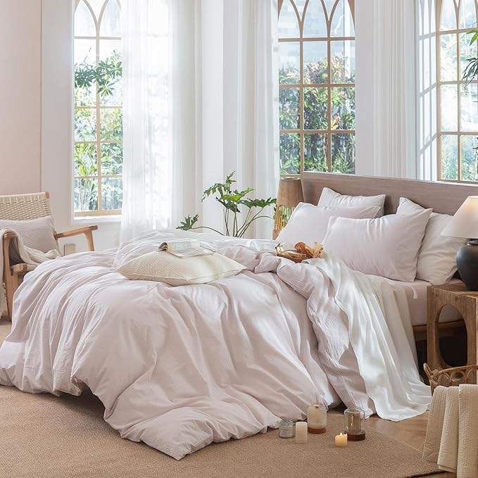 MooMee Striped Duvet Cover Set 100% Washed Cotton Linen Like Textured Breathable Durable Soft Comfy (Heathered Greyish Pink Pinstripes, Full 80"x90")