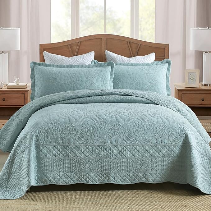 MarCielo 100% Cotton Quilt Set - 3-Piece Embroidered Farmhouse Bedspread & Shams, All-Season Breathable Bedding (Tf Aruba Blue, Queen)