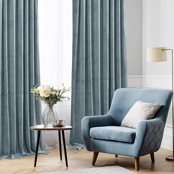StangH Stone Blue Velvet Curtains - Solid Light Blocking Privacy Drapes for Nursery Bedroom, Thermal Insulated Home Decor for Boys Room/Office, W52 x L96, 2 Panels