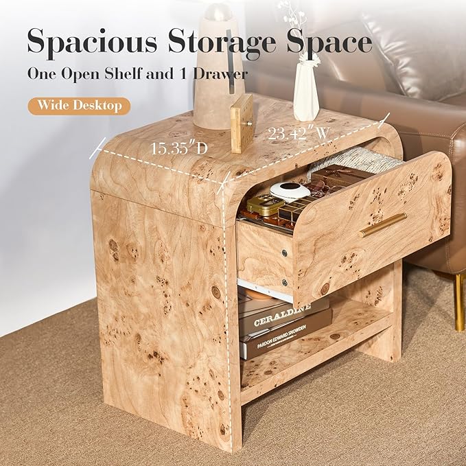 Night Stand [Unique Curved Profile] [FSC-Certified Wooden Board] 1-Drawer and 1 Storage Shelf Nightstand 24" H Metal Handle Modern Bedside Table Side Table End Table