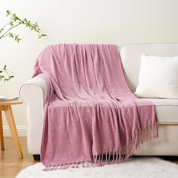 BATTILO HOME Chenille Throw Blanket for Couch, Soft Cozy Throw Blanket with Fringe Tassels, Lightweight Knitted Throw for Spring Summer, Pink, 50"x60"