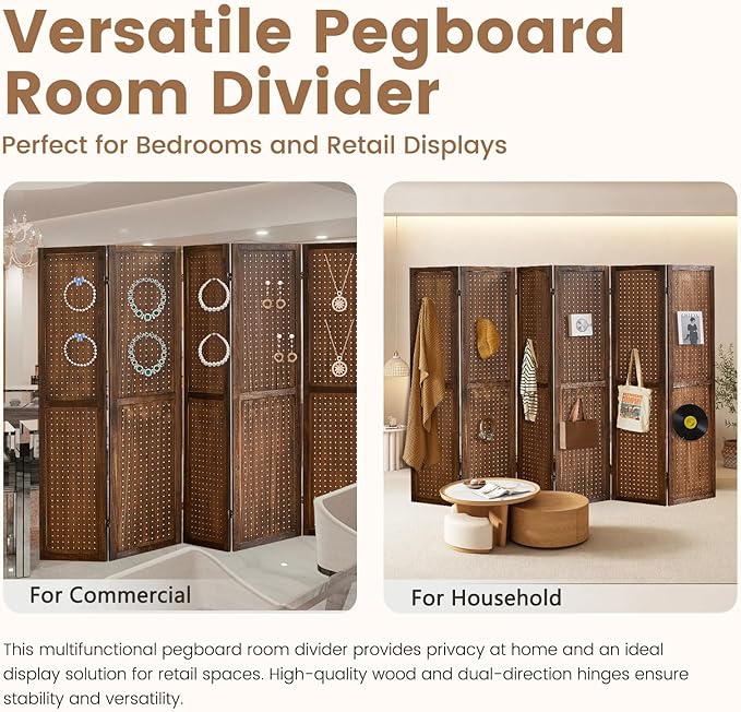 6 Panel Pegboard Display with 24 Hooks,Partition Room dividers, Wooden Room Divider Wall and Folding Privacy Screens, Pegboard Room Divider, Bedroom, Balcony, Dark Brown
