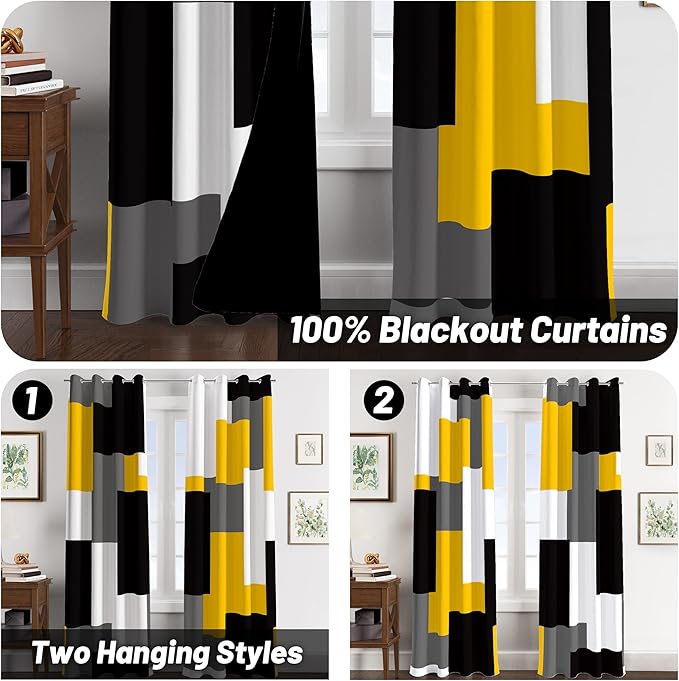 Yellow 100% Blackout Curtains for Bedroom 84 inch Length 2 Panels Set Mustard Yellow Grey Modern Abstract Geometric Black Out Curtains Room Darkening Window Drapes for Living Room, 52Wx84L