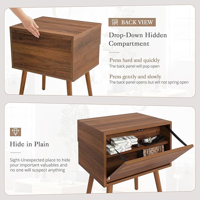 Hidden Compartment Night Stand Set 2, Mid Century Modern Concealment Furniture, End Table with Storage Drawer, Bedside Table with Wood Legs for Bedroom (2,Walnut)