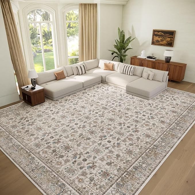 Washable 9x12 Area Rugs for Living Room, Boho Non-Slip Vintage Distress Lager Rugs for Bedroom Dining Room Nursery Office, 0.3" Neutral Oriental Throw Thin Carpet, Cream/Blue/Orange/Multi