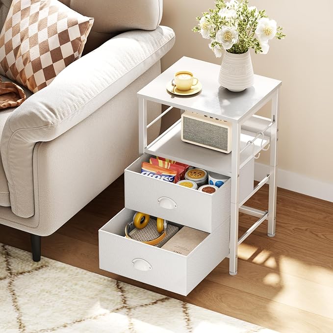 Furologee Nightstands Set of 2, End Table with 2 Fabric Drawers, Night Stand with 2 Hooks, Open Wood Shelf Bedside Table for Bedroom/Living Room/White