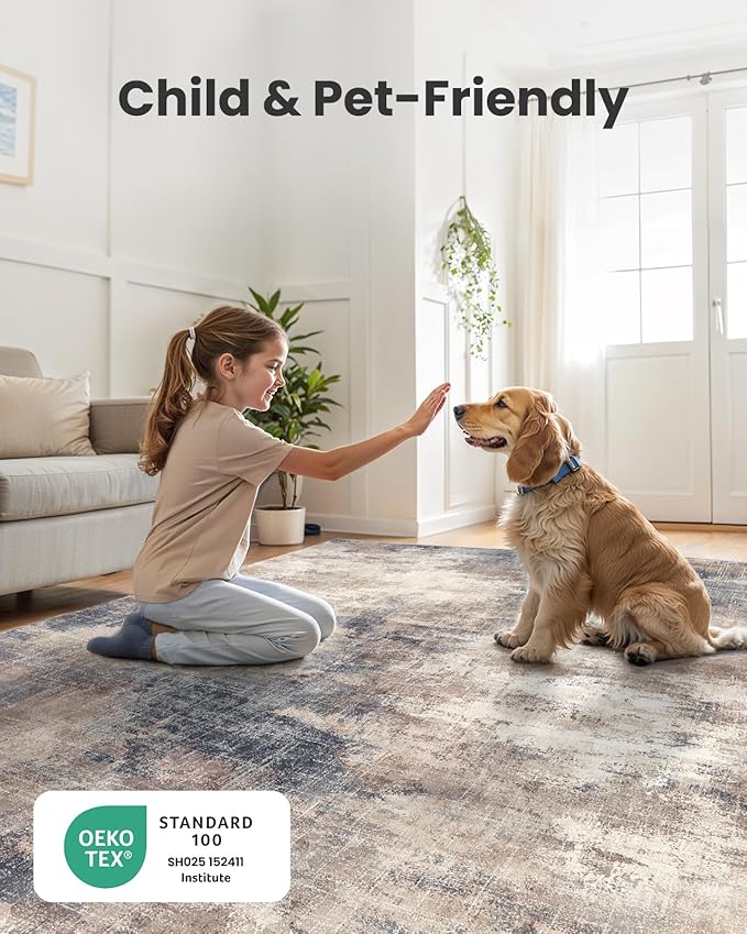 6x9 Area Rugs for Living Room, Modern Abstract Washable Rug with Non-Slip Backing & Low Pile Indoor Carpet for Nursery Room, Bedroom and Dinning Room, Brown