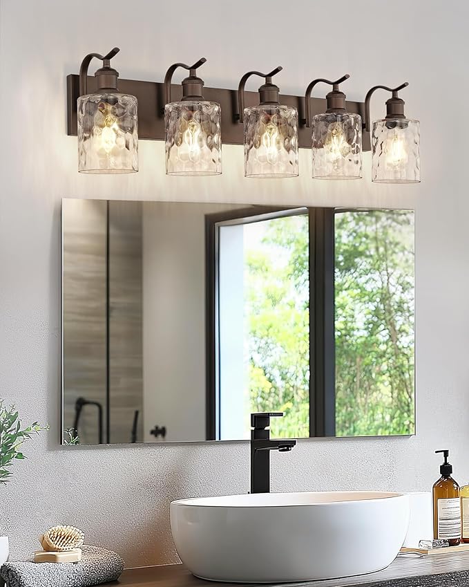 Bathroom Vanity Light Fixtures 5-Light Hammered Glass Modern Wall Mounted Over Mirror Oil Rubbed Bronze - VL01ORBH-5