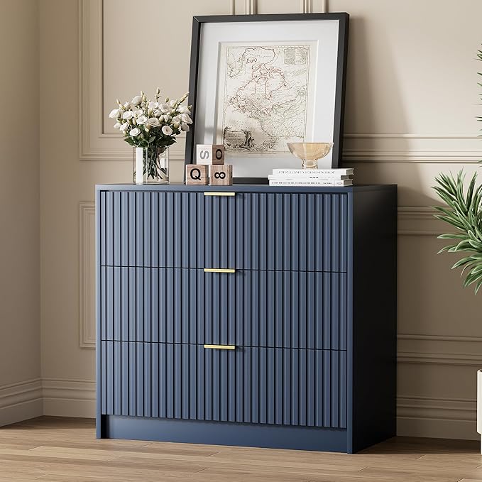 Navy Blue Dresser for Bedroom, Modern Dresser with 3 Drawers and Smooth Slides, Wide Chest of Drawers with Golden Handles for Bedroom, Living Room, Closet, 15.7" D x 31.5" W x 29.6" H
