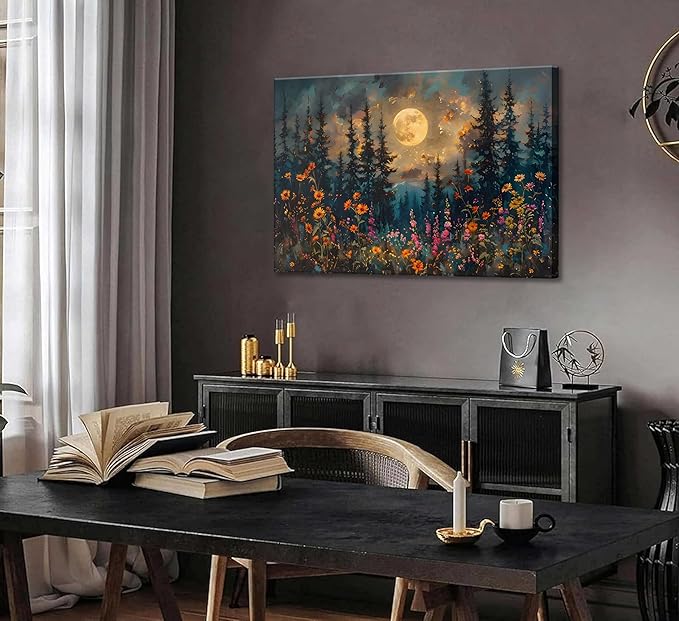 Full Moon Forest Canvas Wall Art Moonlit Pine Tree Mountains and Wildflowers Woodland Nature Landscape Picture Wall Decor Poster Print Artwork for Bedroom Living Room Home Decoration