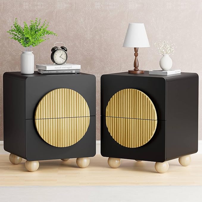 23" Black Nightstand with Solid Wood Legs Set of 2, Modern Style Fluted Bedside Table with Round Moon Handle & Storage, Mid Century Night Stand for Bedroom, Side Table, End Table