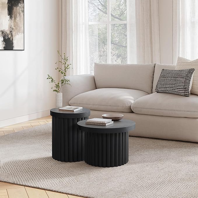 LuxenHome End Table, 23.6" Wide Black Wood Fluted Round Coffee Table Modern Side Tables for Living Room Round Wood Small Accent Tables for Bedroom