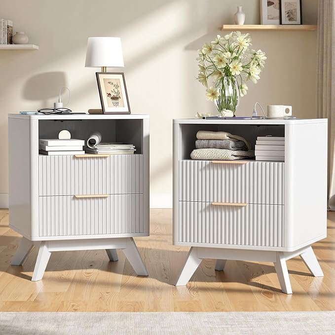 Modern Nightstand Set of 2, Side Table with Charging Station,Bedside Tables with Drawer, Mid-Century End Tables for Bedroom, Sturdy Storage Side Tables,White
