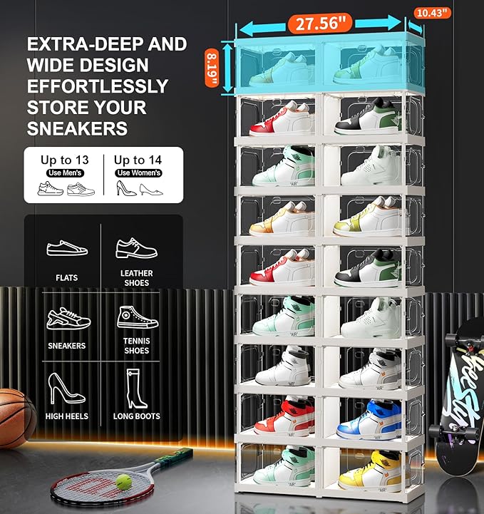 9-Tier 18-Pairs Foldable Shoe Rack with Magnetic Doors,4-Sided Clear Design,Taller Storage for High Shoes & Sneakers,Stackable Shoe Storage Cabinet Space-Saving Organizer for Closet,Cloakroom
