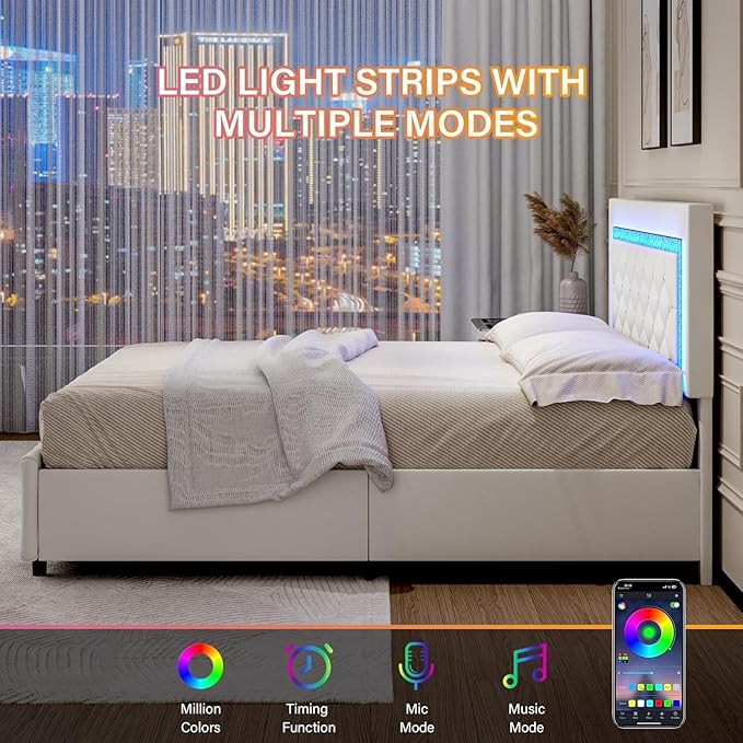 BarnFurin Full Size Bed Frame with LED Lights, Upholstered Bed Frame with Storage Drawers, Modern Platform Bed with Diamond Headboard and Footboard, No Box Spring Needed, White