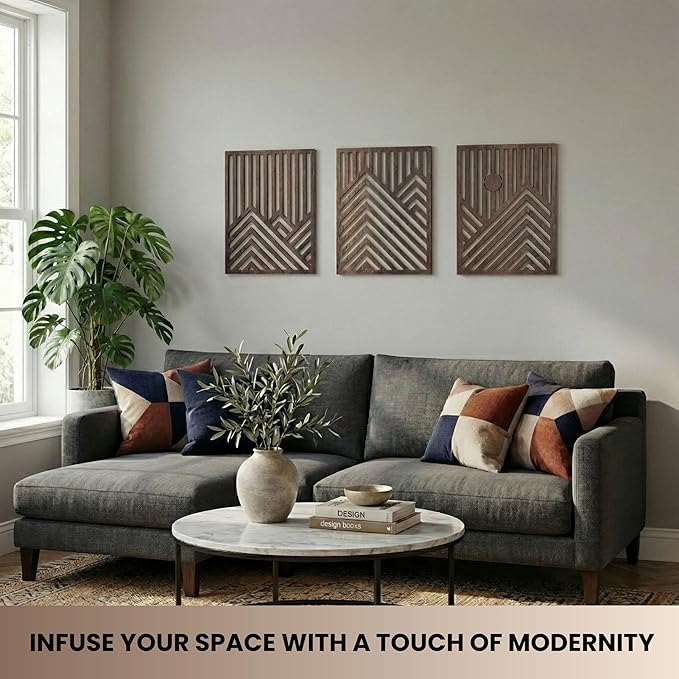 qmmp Modern Wooden Wall Sculptures - Set of 3 - Home Decor Accent - Large Wall Art for Living Room, Bedroom, Office - Easy Installation (Walnut, Large - Mountain and Sun, Unframed)