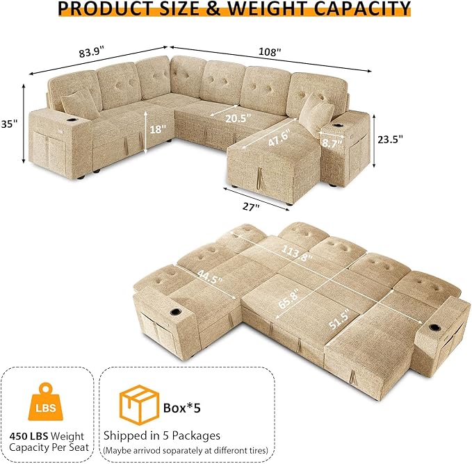Modular Sectional Sleeper Sofa with Pull Out Bed, 108 Inch U Shaped 7 Seat Sectional Couches for Living Room, Sofa Bed with Adjustable Backrest | Hidden Storage | Wide Armrest | Khaki