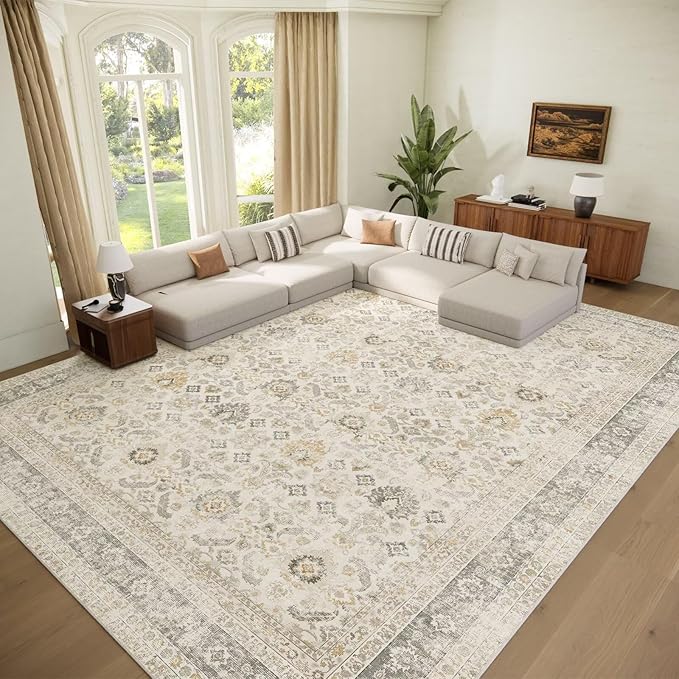 Washable 10x14 Area Rugs for Living Room, Boho Non-Slip Vintage Distress Large Rugs for Bedroom Dining Room Office, 0.3" Neutral Oriental Throw Thin Carpet, Grey/Beige/Orange/Multi