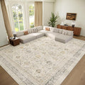 Washable 10x14 Area Rugs for Living Room, Boho Non-Slip Vintage Distress Large Rugs for Bedroom Dining Room Office, 0.3" Neutral Oriental Throw Thin Carpet, Grey/Beige/Orange/Multi